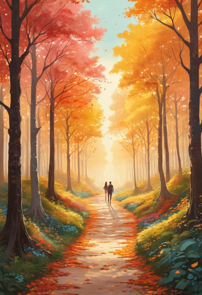 A serene pathway winding through a tranquil forest, symbolizing introspection and personal growth, with vibrant trees and gentle sunlight filtering through the leaves. Along the path, silhouettes of diverse people engaging in meaningful conversations, surrounded by symbols of connection like hearts and intertwined hands. A soft color palette enhances the theme of warmth and community. super-realistic. vibrant colors. peaceful atmosphere.