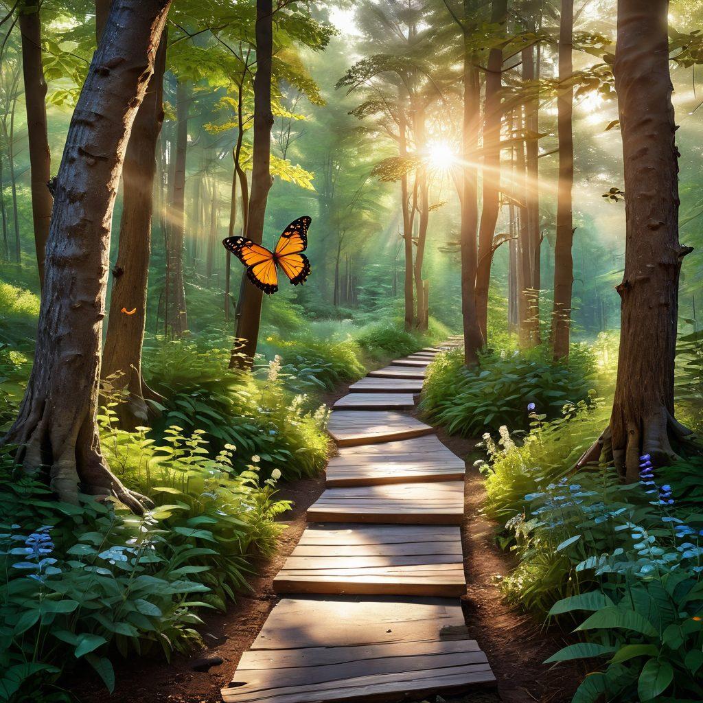 A serene pathway winding through a beautiful forest, with warm sunlight filtering through the trees, symbolizing a journey of self-discovery. Include diverse individuals engaging in heartfelt conversations, showcasing emotional connections and understanding. Add subtle elements like butterflies and blooming flowers to represent love and growth. The scene should evoke feelings of warmth and tranquility. super-realistic. vibrant colors. nature theme.