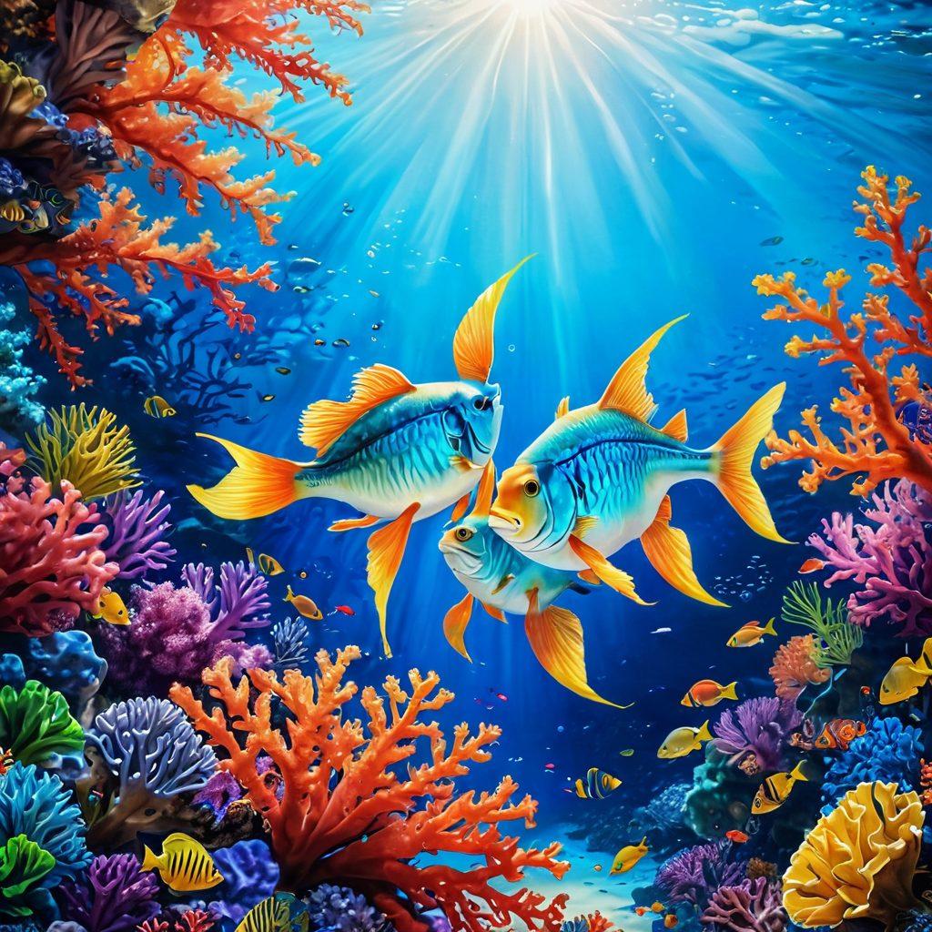 A serene underwater scene where two intertwined fish swim gracefully amidst vibrant coral reefs, symbolizing love and trust. Sunlight filters through the water, casting a warm glow, while diverse marine life represents growth and connection. The background should embody tranquility and depth, invoking a sense of affection. super-realistic. vibrant colors. serene ambiance.